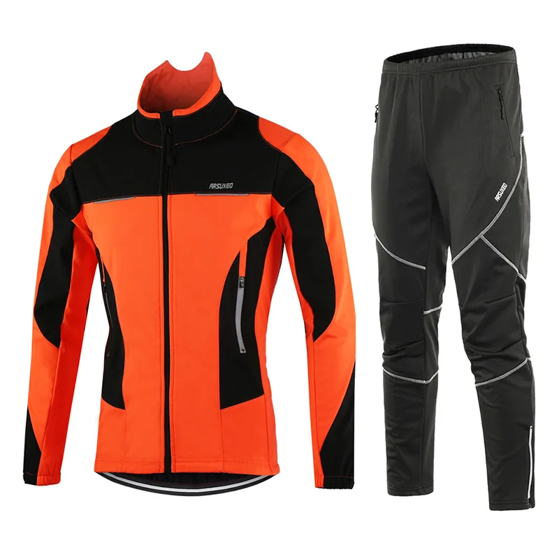 ARSUXEO Мужская зимняя велосипедная куртка комплект ветрозащитные водонепроницаемые велосипедные брюки термальная спортивная одежда велосипедные костюмы одежда 15FF - Цвет: orange 15F 18Y gray