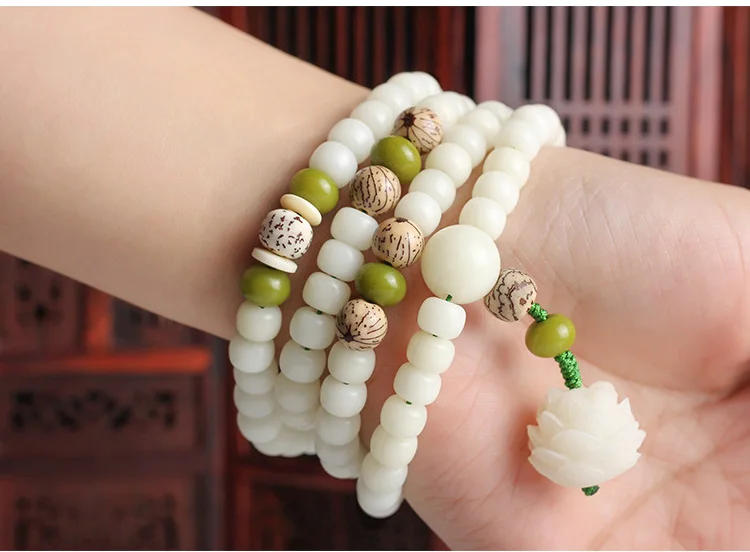 Натуральный белый Bodhi корень 108 бусин браслет для женщин резной Лотос Шарм Молитва Мала Браслет Йога, медитация балансировки ювелирных изделий