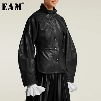 

[EAM] Loose Fit Pu Leather Three-dimensional Jacket New Stand Collar Lantern Sleeve Women Coat Fashion Spring Autumn 2020 A201