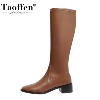 

TAOFFEN Women Knee Shoes Fashion Thick Heel Winter Shoes Women Square Toe New Warm Long Boot Lady Office Footwear Size 33-40