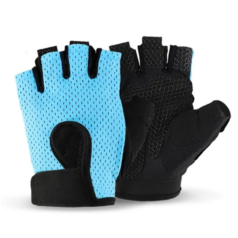 Дышащие мужские и женские Перчатки для фитнеса, для тренажерного зала, тяжелой атлетики, перчатки для бодибилдинга, тренировочные перчатки, нескользящие перчатки для велоспорта на половину пальцев - Цвет: Синий