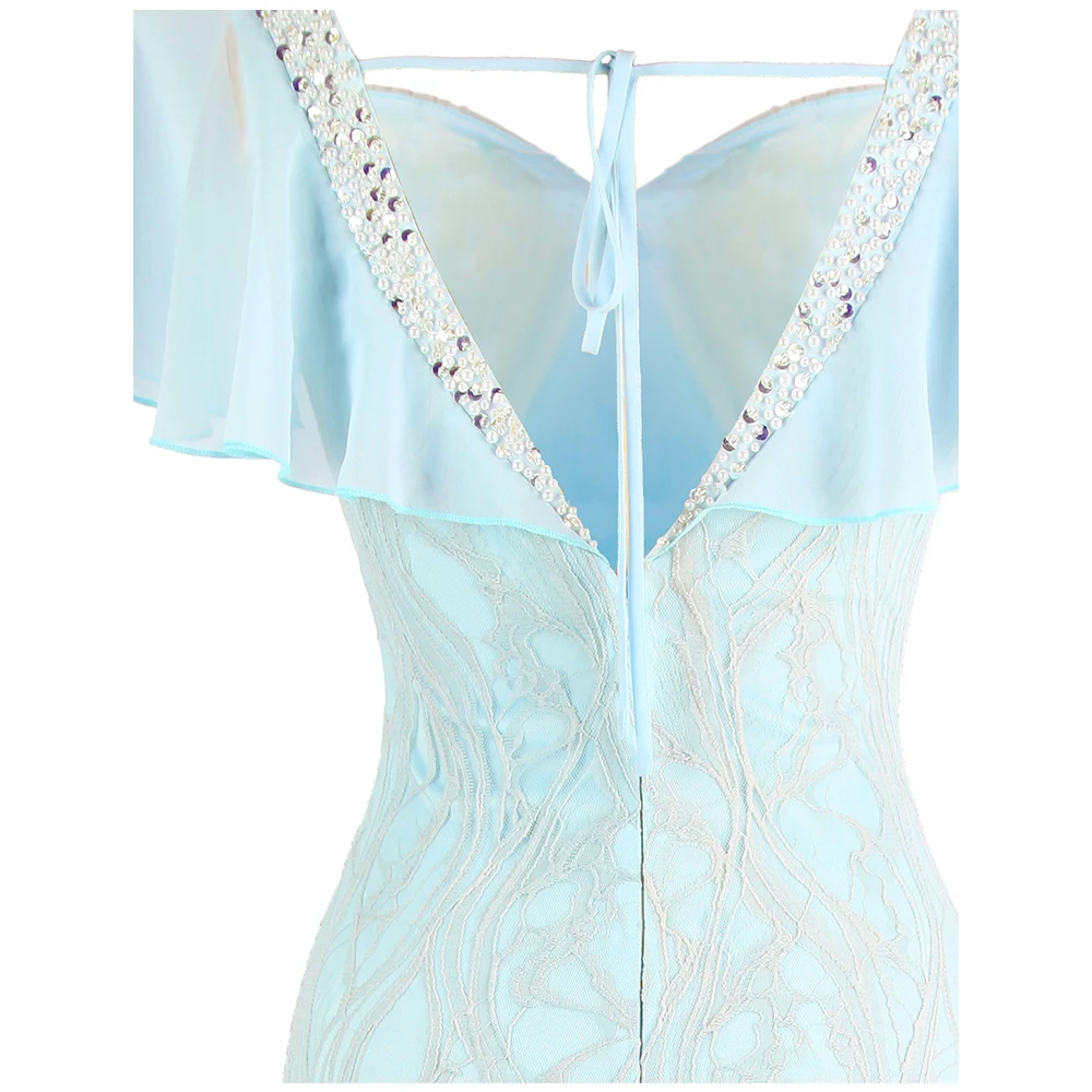 Angel-fashions queen Anne Бисероплетение Цветочные Кружева Лепесток шифон рукава Bodycon макси элегантное вечернее платье светильник синий 462