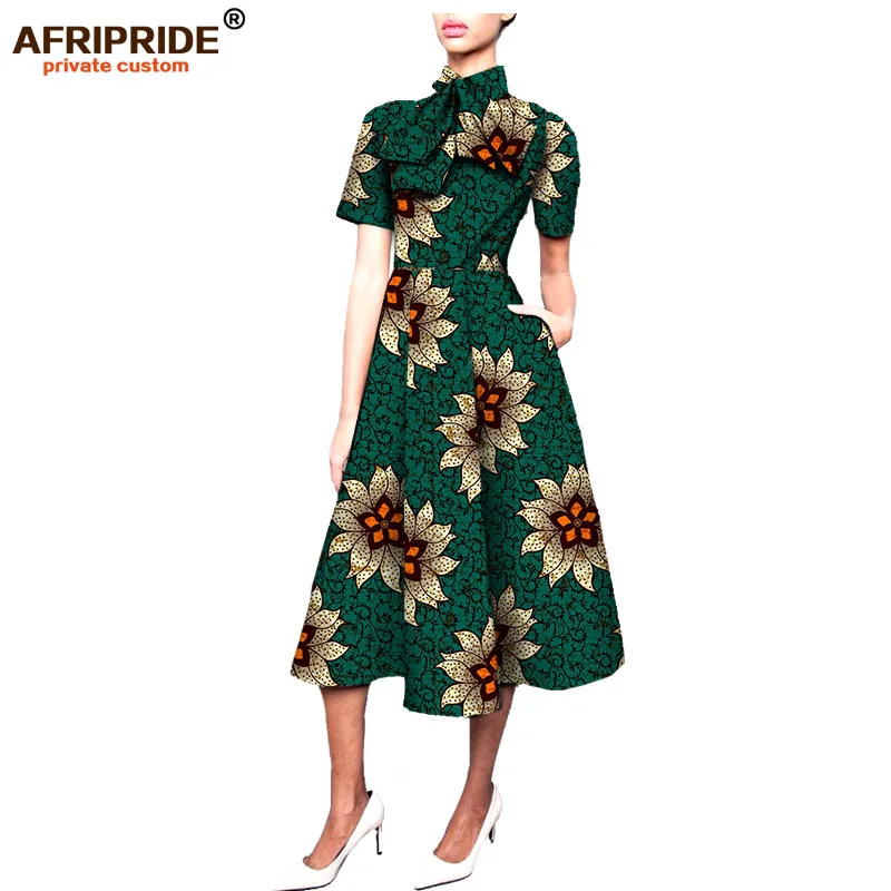 Высокое уличное женское платье в африканском стиле AFRIPRIDE, индивидуальный заказ, короткий рукав, до середины икры, длина, гофрированная горловина, восковое Хлопковое платье, A722597