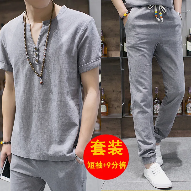 

Summer Thin Section Flax Leisure Suit Men's Chinese-style MEN'S Wear Large Size Short-sleeved Top Capri Pants Cotton Linen Set M