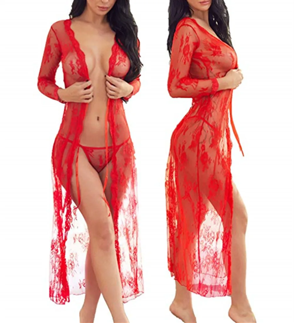 red Женское нижнее белье, сексуальное кружевное длинное платье-халат, Babydoll, нижнее белье, стринги - Цвет: red