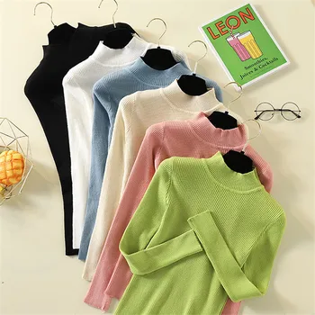 

2019 Autumn Winter Turtleneck Pullovers Sweaters Women Black Pink Knitted Sweater Tops Casual Slim-fit Tight Sweater Pull Femme