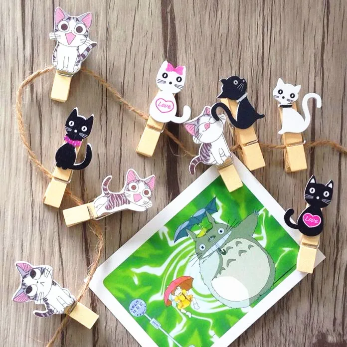 10 шт. Kawaii Японский кот деревянные клипсы с пеньковой веревкой декоративный