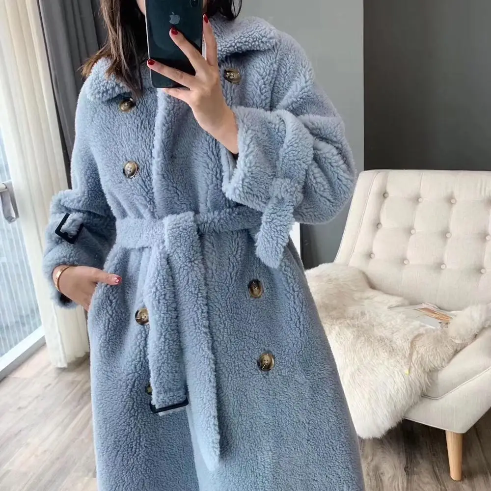 sky blue Пальто из искусственного меха размера плюс, зимнее пальто для женщин, плюшевый мишка, пальто, Толстая теплая двубортная 30% Натуральная овечья шерсть, Длинная шерстяная куртка - Color: sky blue