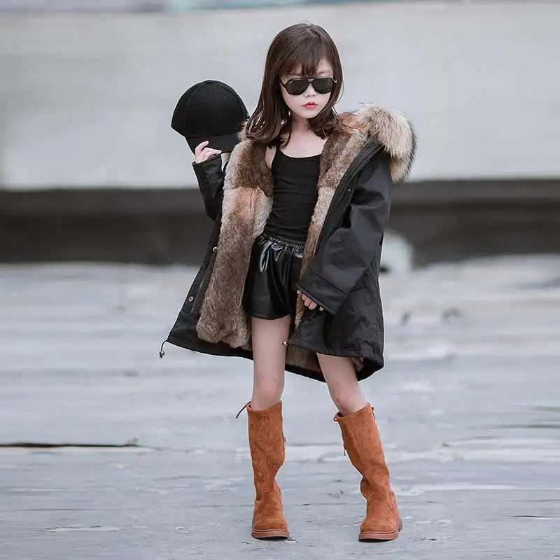 JKP/ пальто и куртки для девочек с натуральным кроличьим мехом; зимнее теплое Детское пальто-парка с воротником из натурального меха енота - Цвет: as photo