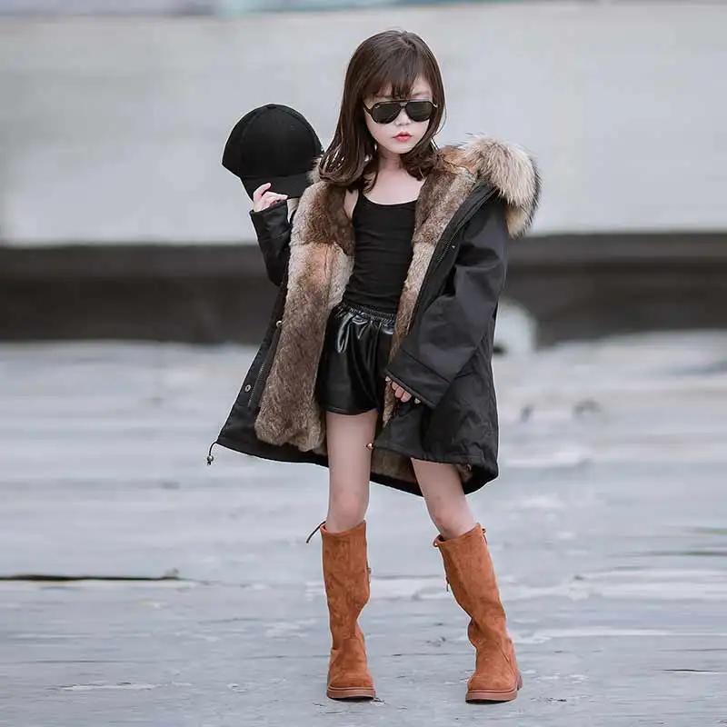 as photo JKP/ пальто и куртки для девочек с натуральным кроличьим мехом; зимнее теплое Детское пальто-парка с воротником из натурального меха енота - Цвет: as photo