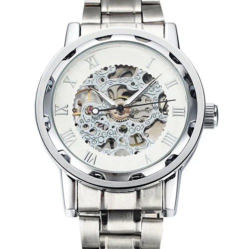 Men Watch Luxury Skeleton Roman Numerals Hollow Stainless Steel Dial Band Mechanical Men's Watch Gift Male Bussiness Wristwatch