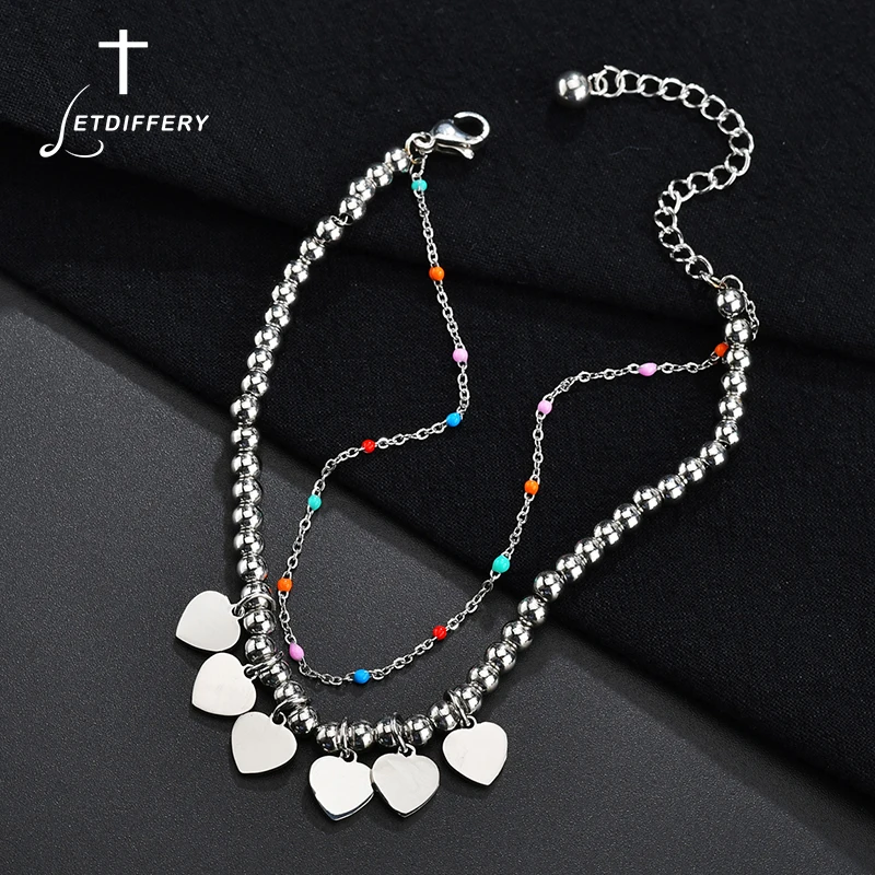 Letdiffery, винтажные, нержавеющая сталь, сердце, свадебные, бусины, браслеты, два слоя, сердца, регулируемый, для женщин, браслет, обручение, подарки