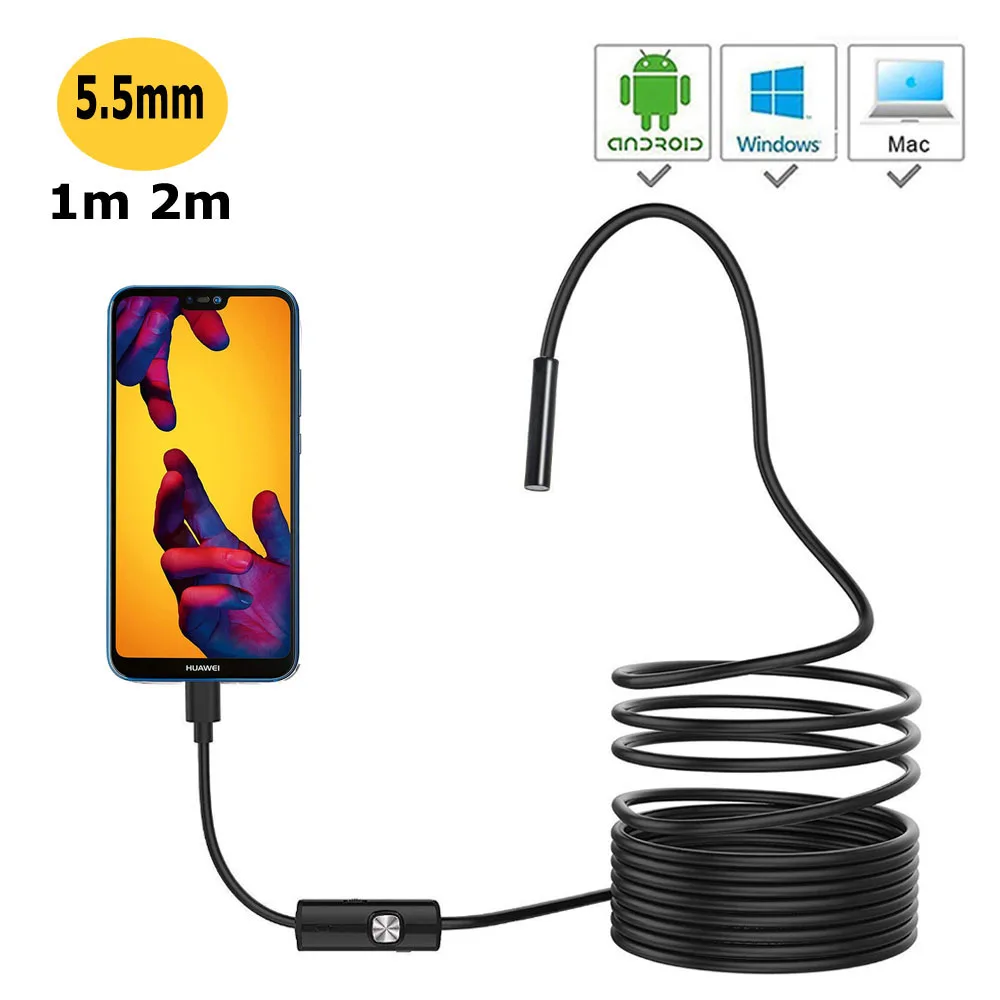 2M 1M 5.5mm Endoscope Camera Flexible IP67 Waterproof Inspection Borescope Camera for Android PC Notebook 6LEDs Adjustable
