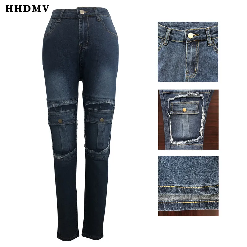HHDMV GHSF12058 модные длинные джинсовые штаны в стиле хип-хоп с высокой талией и карманами, облегающие синие джинсовые длинные штаны
