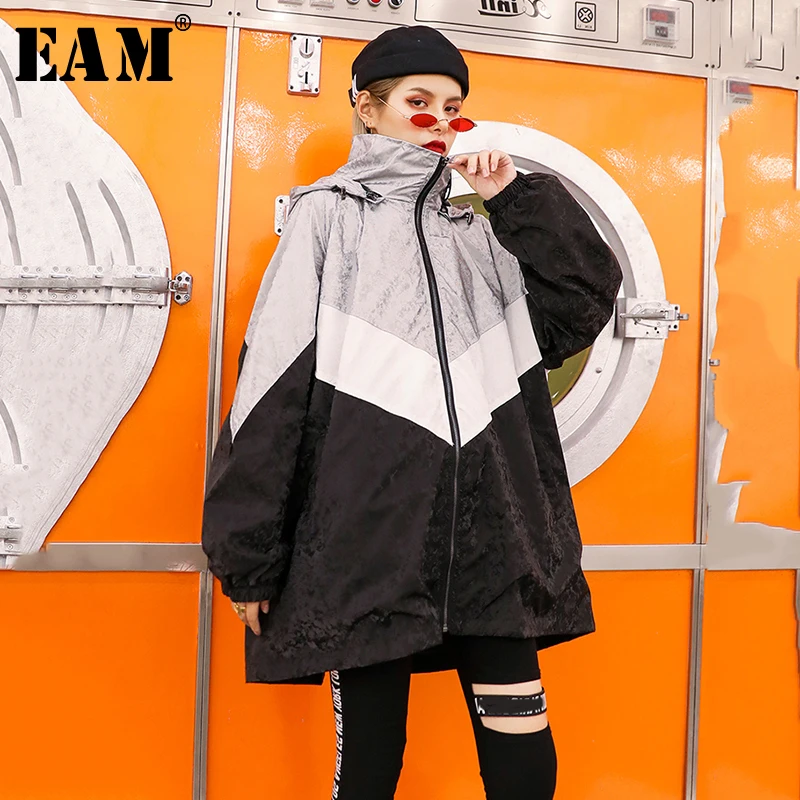 

[EAM] Women Split Joint Print Big Size Trench New Hooded Long Sleeve Loose Fit Windbreaker Fashion Tide Autumn Winter 2019 1B341