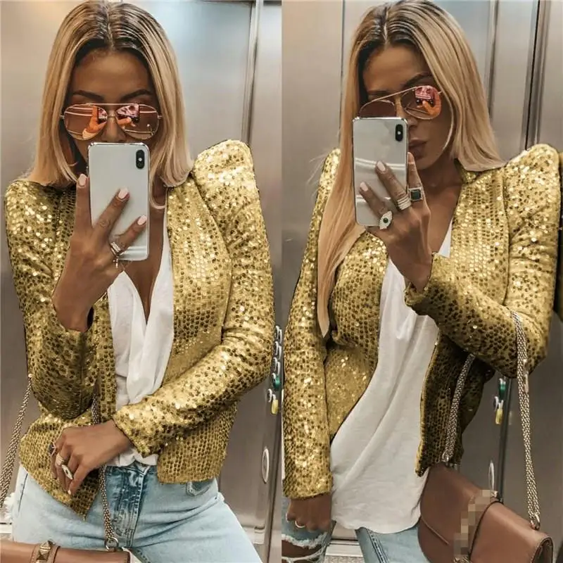 Женский Осенний Блестящий блейзер для вечеринки, однобортный Блейзер, повседневный блейзер с длинными рукавами