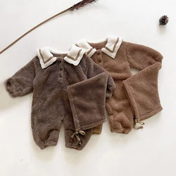 Barboteuse avec chapeau à manches longues pour bébé, combinaisons chaudes pour garçons et filles, col marin, body en fourrure pour nouveau né, hiver 2021 
