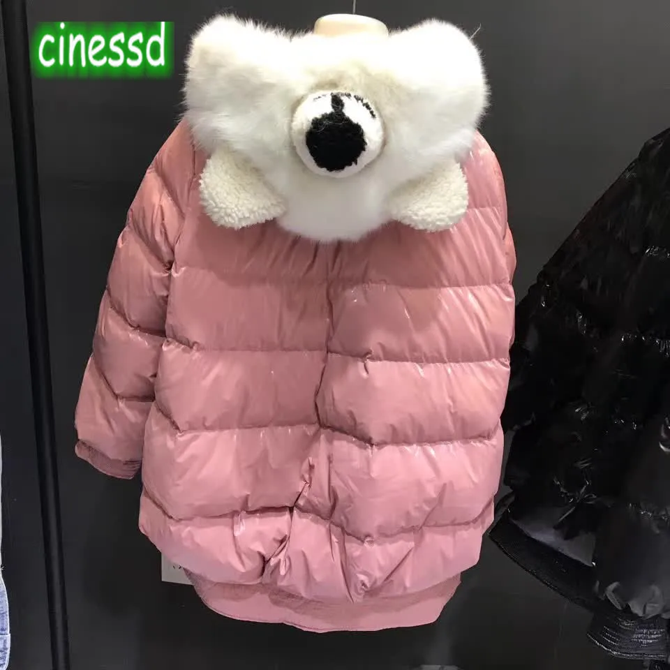 Cinessd/Высококачественный аутентичный пуховик для родителей и детей пуховик с лисьим мехом и головой медведя зимняя теплая женская одежда