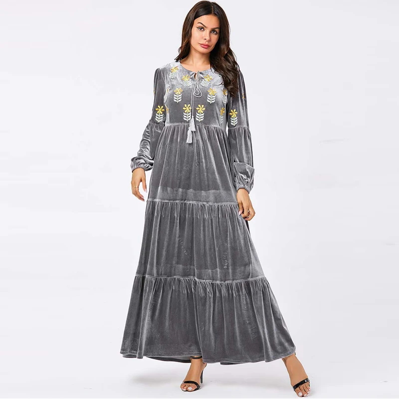 gray dress Kaftan abaya Дубай мусульманский хиджаб платье цзилбаб турецкий ислам ic одежда Абая для женщин Ropa islam Caftan Vetement Femme Musulman - Цвет: gray dress