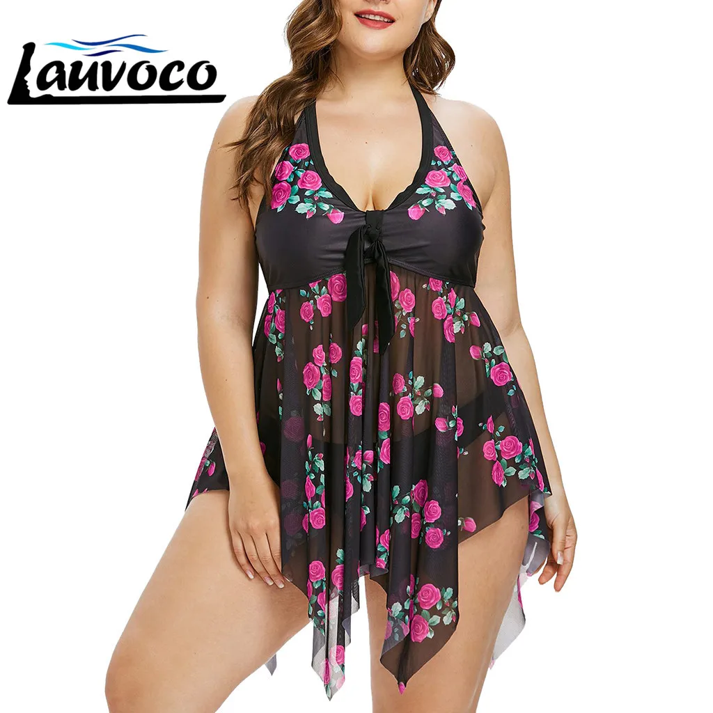 

Floral Print Two Pieces Bathing Suit Mesh Plus Size Swimwear Women Big Size Swimsuit Lace Up Tankini Set Swimming Suit Fat 5XL