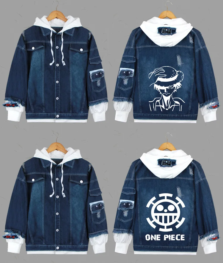 AnimeONE/толстовки с капюшоном с изображением обезьяны D Luffy, толстовки для косплея, костюмы Roronoa Zoro, куртки, Повседневная джинсовая куртка с героями мультфильмов