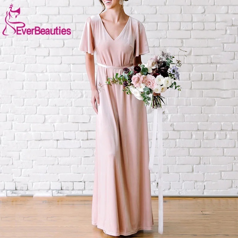 Розовые платья подружки невесты длинные велюровые Короткие рукава Vestido Madrinha v-образным вырезом Свадебное платье для гостей vestido de festa
