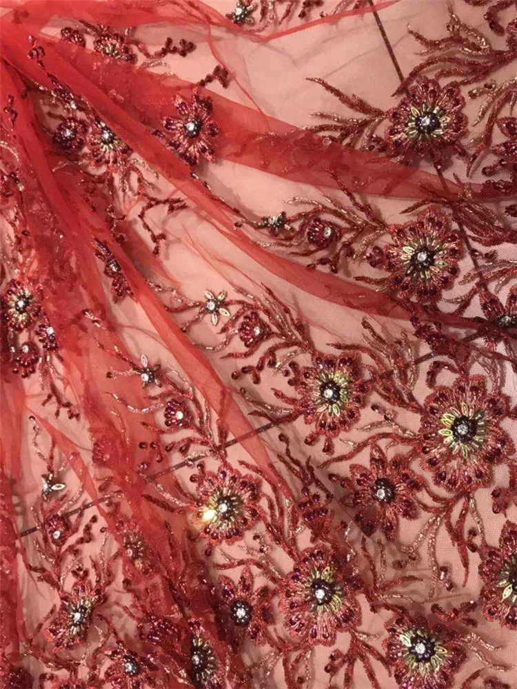 

African Lace Fabric Hand-Made 2019NEW High Quality Lace beaded Pink French net Laces For Nigerian Evening long Dress Win988