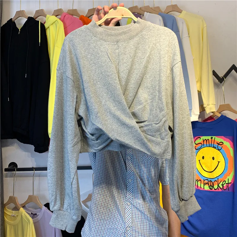 

Hoodie Ladies Irregular Solid Color Women's Sweatshirt 2020 Summer Button Rejection Harajuku Streetwear Fashion CropTop Pullover