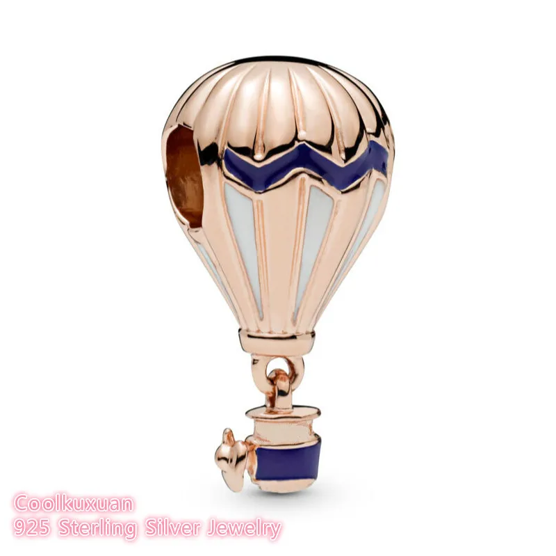 

Summer 100% 925 Sterling Silver Blue Hot Air Balloon Charm, Rose gold beads Fits Original Pandora bracelets Jewelry Making