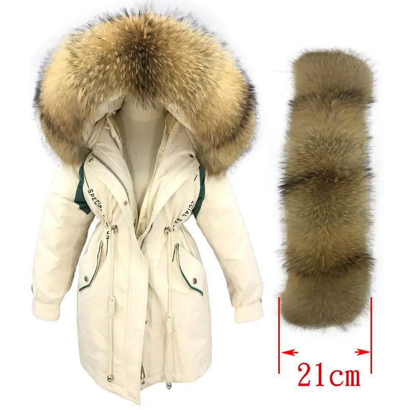 Beige 21cm Fur Парка из натурального меха, зимняя куртка для женщин, пуховое пальто, теплая Роскошная парка с большим воротником из меха енота, толстая верхняя одежда - Цвет: Beige 21cm Fur