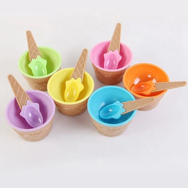 Многоразовые Детские милые мороженые глубокая тарелка с ложкой, набор детской посуды для кормления