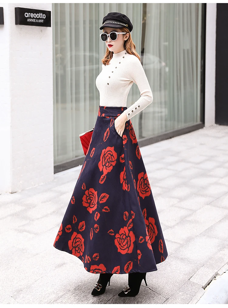 Elegant Winter Maxi Skirt Women Streetwear High Waist Long Skirt Big Size Wool Saias Vintage Print Floral Red Ladies Skirts