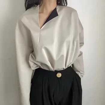 

Women Blouse Long Sleeve New 2019 glossy texture asymmetric shirts slanted Collar For Spring and Autumn