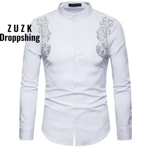 Drop ShippingFashion High Quality Mens Shirts Slim Shirt Men Solid Color  Royal Court Embroidery Shirt Long-Sleeve Shirts