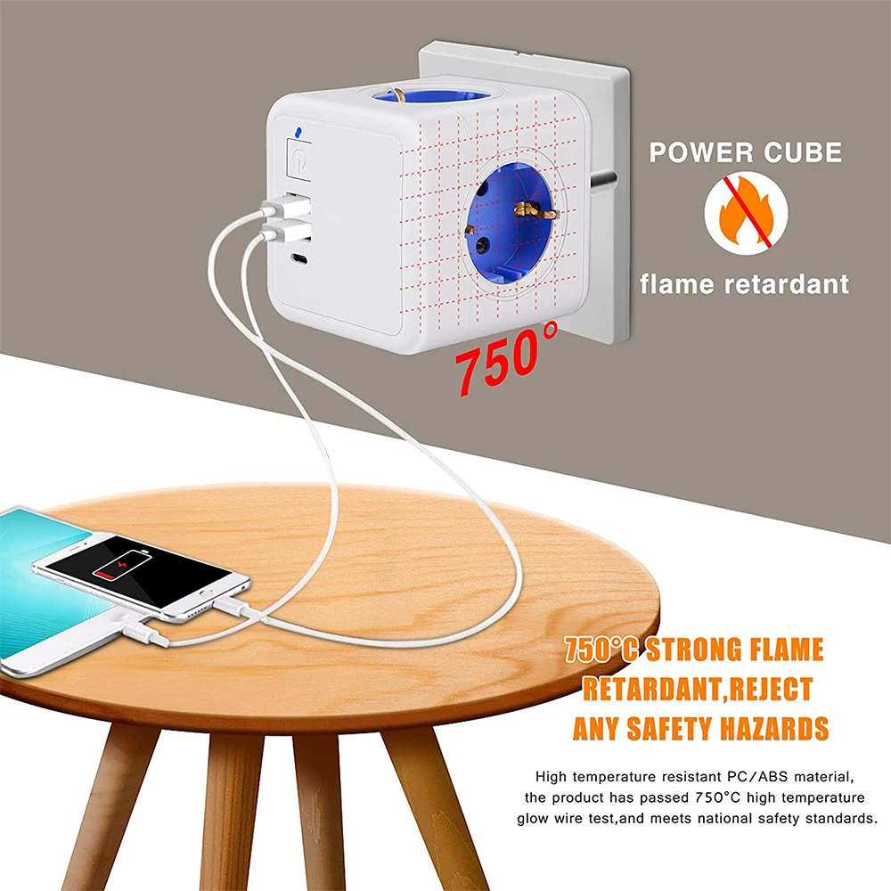 16A EU Wall Socket Power Strip with 4 AC Outlets 3 USB Charger Adapter Overload protection 3680W Socket on/off Switch