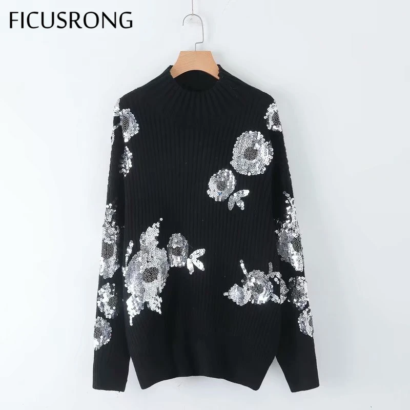 

2020 Spring Sequined Flower Pattern Sweater Simple Casual O-Neck Sweater Women Mid-Long Knitwear FICUSRONG
