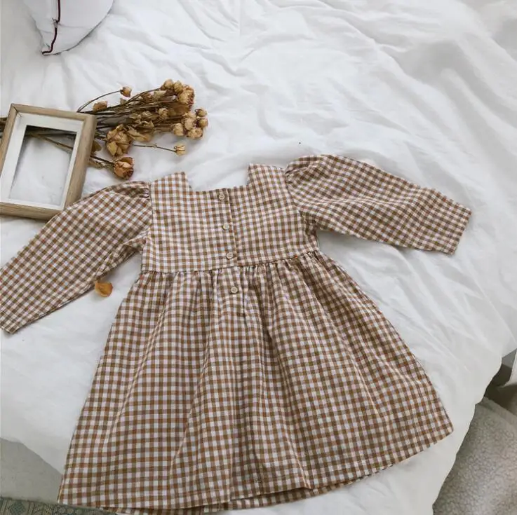 Клетчатое платье в Корейском стиле для девочек хлопковые Модные осенние платья для девочек 1-7 лет