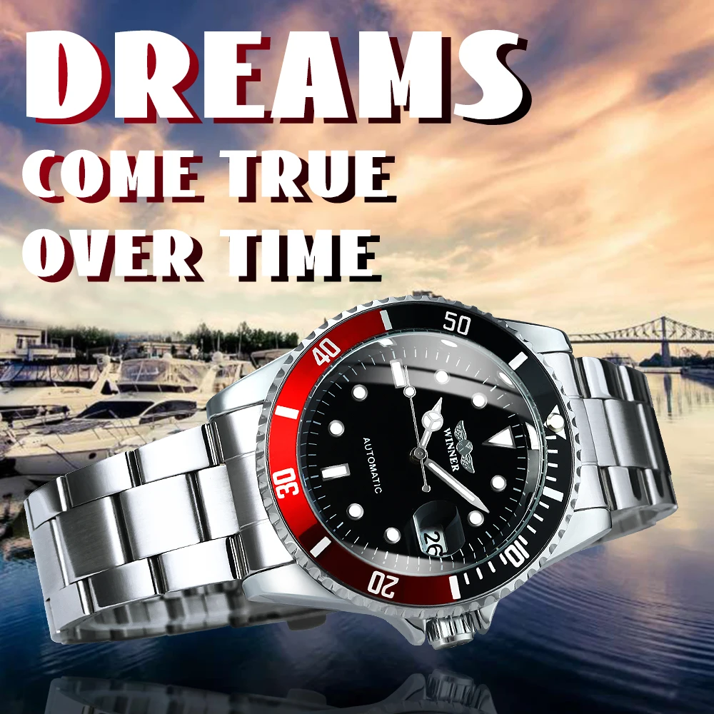 WINNER Official Fashion Military Watches Stainless Steel Mechanical Watch for Men Classic Sport Style Wristwatches Calendar