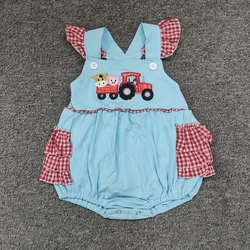 Summer Girls Clothes Blue Strap Red Plaid Sleeveless Tractor Pull Pig And Horse Embroidery Pattern Toddler Baby Rompers