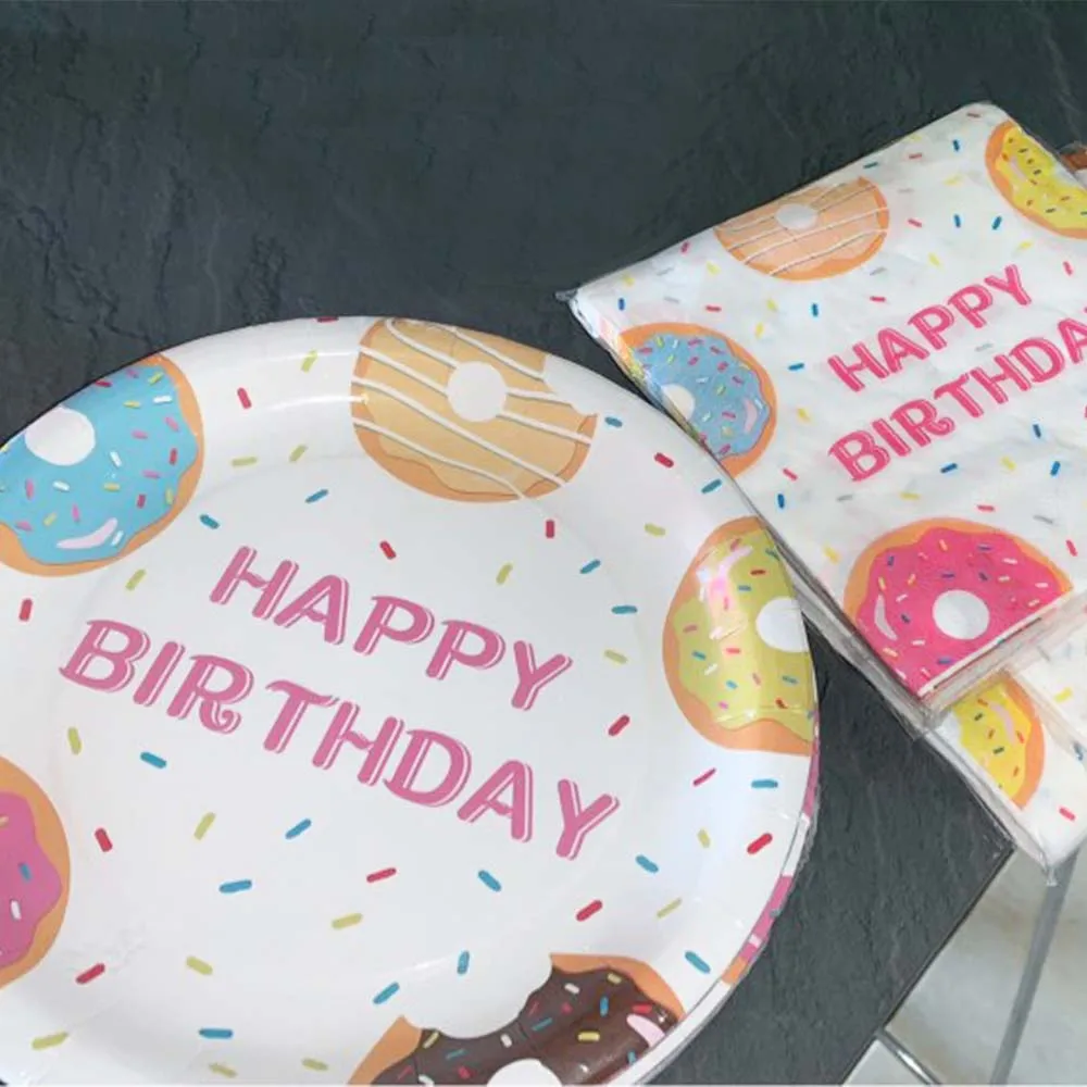 Пончик украшения для тематических вечеринок бумажный стаканчик салфетка Топпер для торта тарелки одноразовые наборы посуды Детские принадлежности для дня рождения