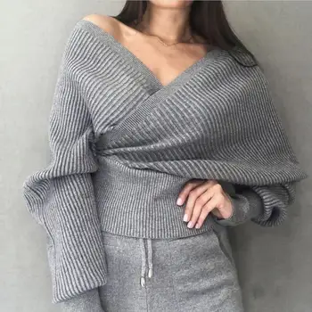 

Autumn Winter 2019 Women Tracksuit Sexy V-Neck Cross Sweatshirt Two Piece Set Knit Pants Suit 2 Piece