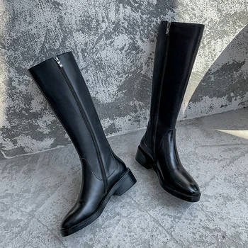 

2020 Newest High Heels Cow Leather Women Knee High Boots Fashion Zipper Plus Size Female Riding Boots Dancing Shoes Woman