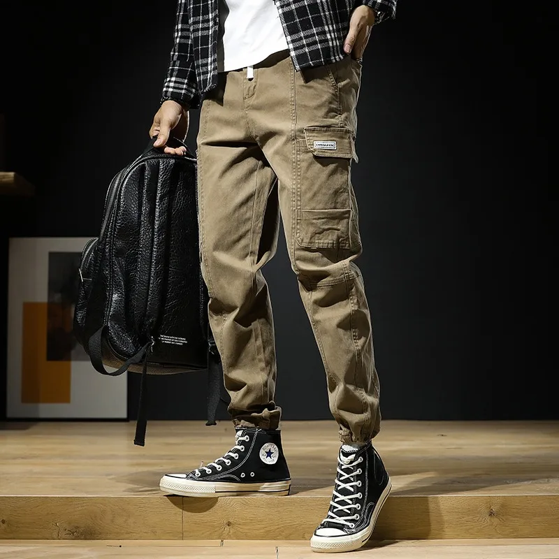Men's Baggy Cargo Pants Streetwear Harajuku Tactical Casual Drawstring Male Clothing Black Cotton Trousers