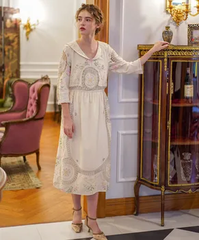 

Vintage Spring Women Elegant White Cotton Midi Ladies Retro Limited Edition Antique Handmade Embroidery Crochet Long Dress