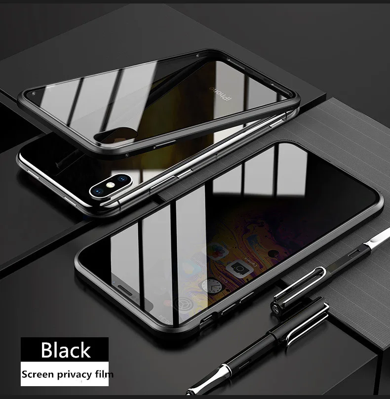 Black Magnetic Adsorption Metal Phone Case Anti-peep For iPhone 8 7 Plus Double Glass Magnet Cover For iPhone X XS MAX XR Sided Cases - Color: Black