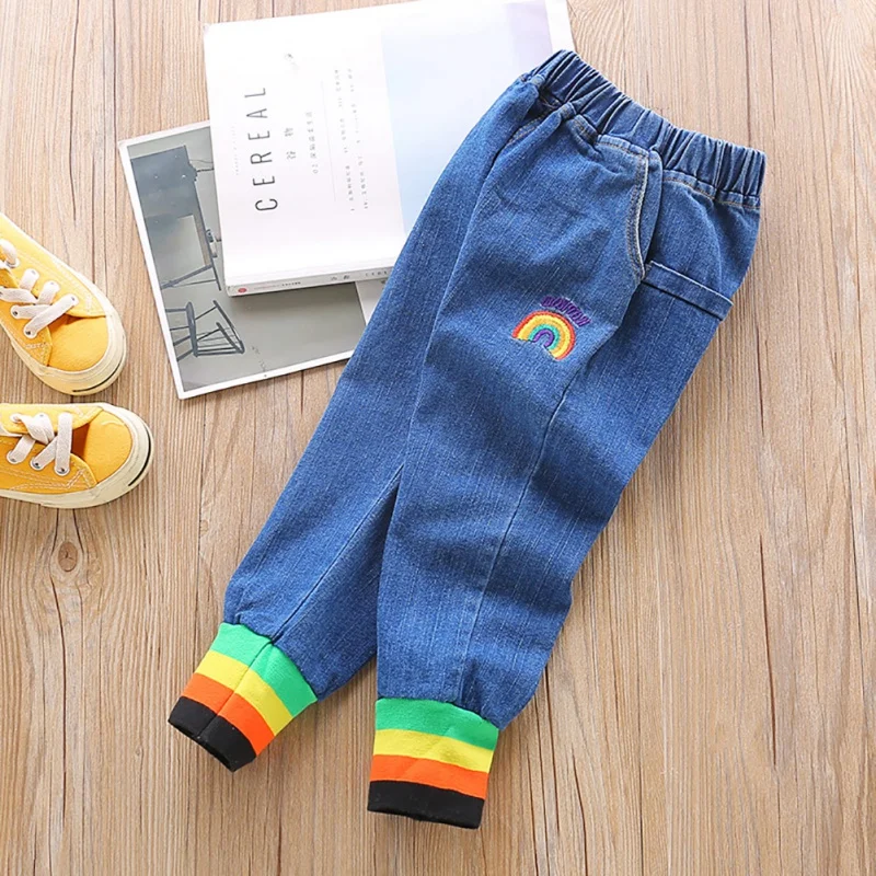 

1-6T Baby Girl Boy Pants Cute Children Kids Autumn Rainbow Embroidered Ribbed Beam Mouth Comfortable Cotton Denim Loose Pants #m
