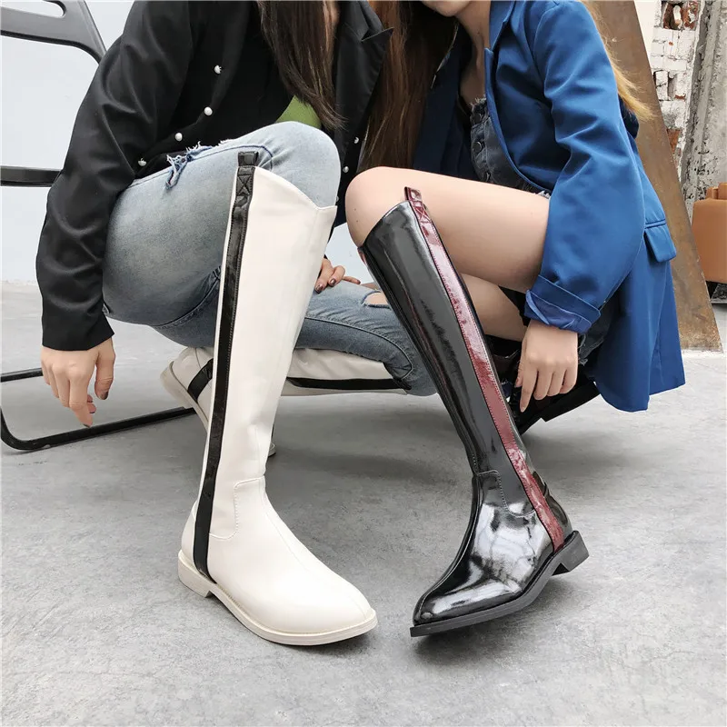 MORAZORA Hot sale popular knee high boots low heel round toe ladies shoes top quality patent leather 2 colors women boots