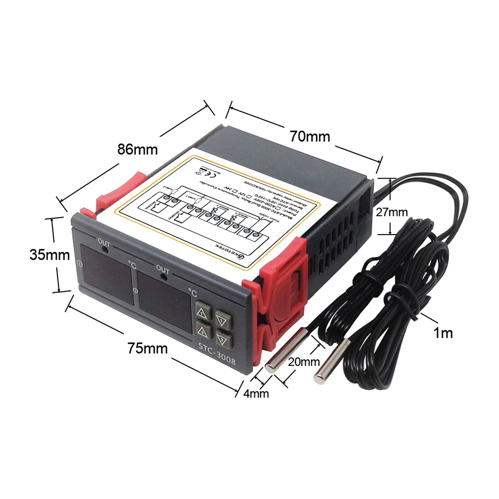 Digitaler LED Temperaturregler mit 2 Sensor Thermostat STC-3008 AC 220V-55 ~110℃