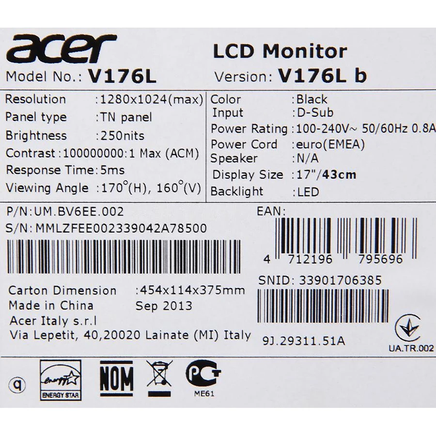 Монитор Acer 17" V176Lb черный TN+film LED 5ms 5:4 Mat 250cd