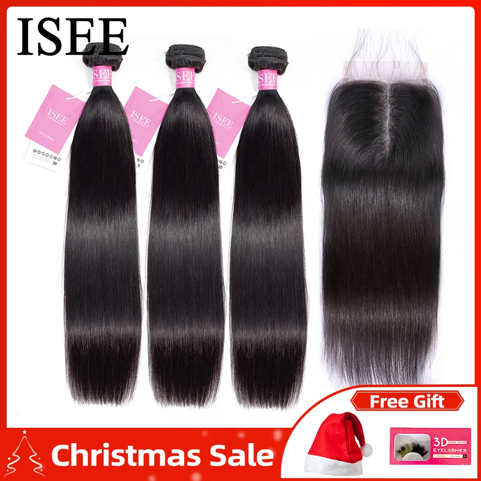 Comprar Mechones de pelo lacio con cierre mechones de cabello humano malasio con Frontal ISEE mechones de cabello Remy pelo lacio con cierre